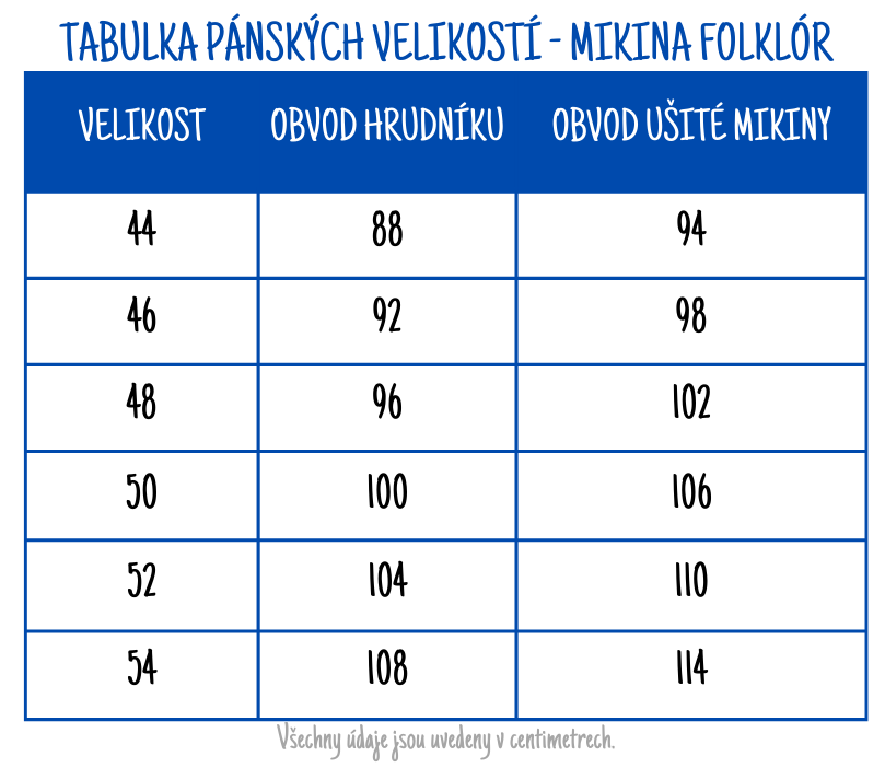 TABULKA PÁNSKÝCH VELIKOSTÍ - MIKINA FOLKLÓR